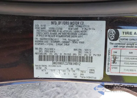 2007 Mercury Milan I4 из США, поврежденный, VIN 3MEHM07Z37R654012